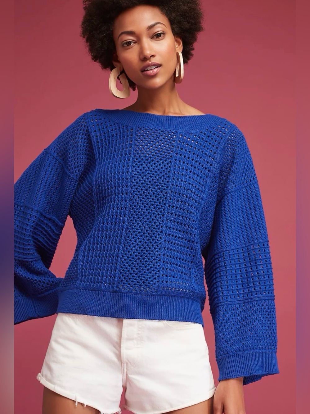 Anthropologie MOTH Reese Kimono Pullover Sweater Blue Open Knit Medium